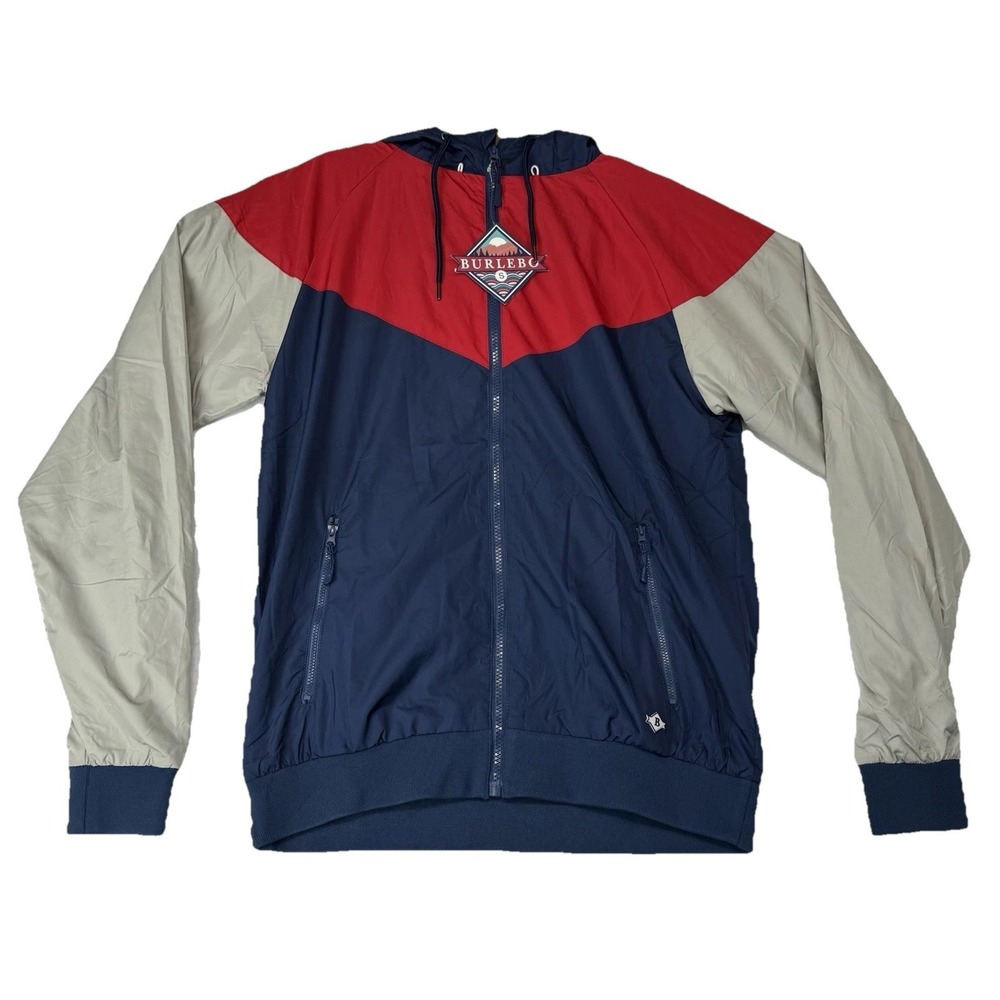 Burlebo Jacket Mens Small Blue Red Ripstop Full Zip Hooded Windbreaker NWT